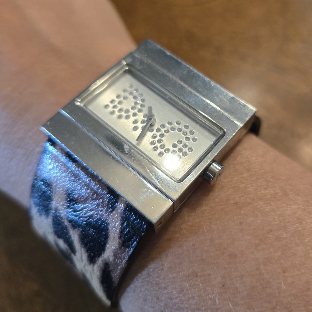 D&G Animal Print And Brown Reversible Watch, Silver Face, and Rhinestone Accents